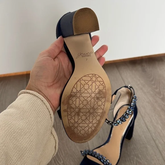 Badgley Mischka Embellished Navy Satin Ankle-Strap Heels - Picture 3 of 5